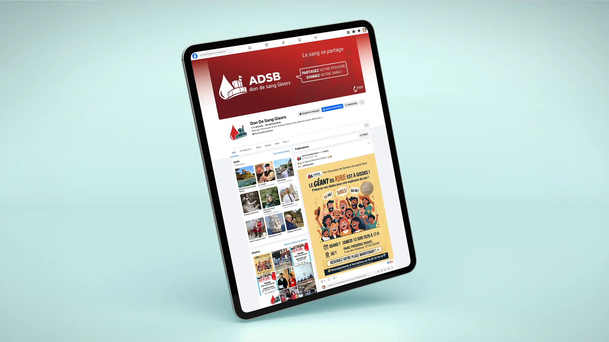 Page Facebook ADSB don de sang Gisors avec la bannière de couverture aux couleurs du logo