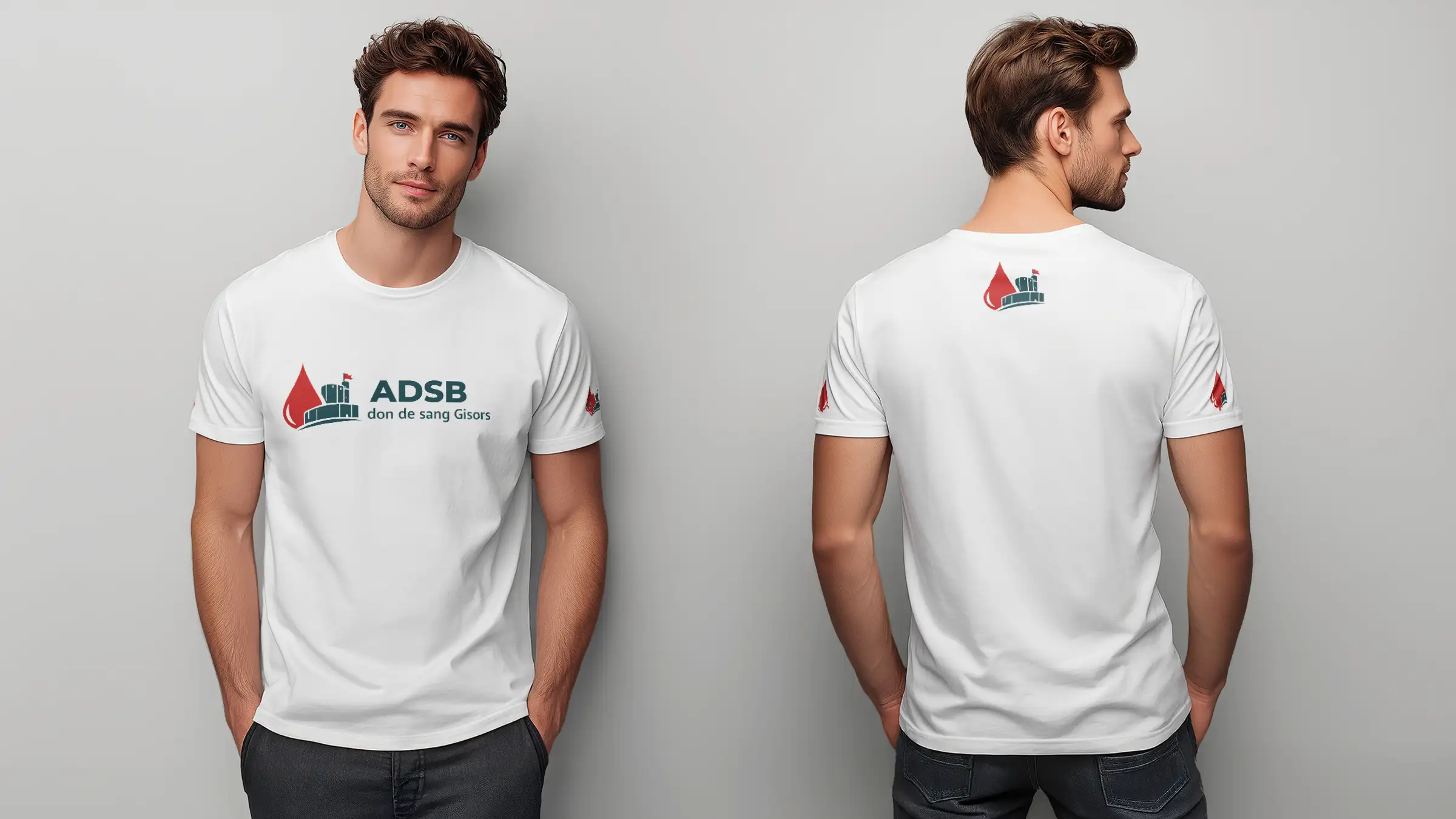 T-shirt des bénévoles ADSB don de sang Gisors, vue recto et verso avec le logo