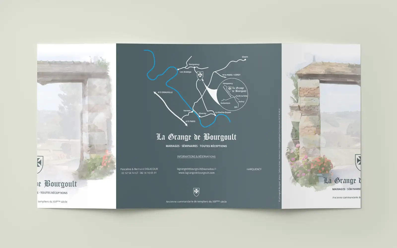 Extérieur de la brochure La Grange de Bourgoult avec le plan d'accès en Vexin Normand — salle de réception à Harquency, Eure