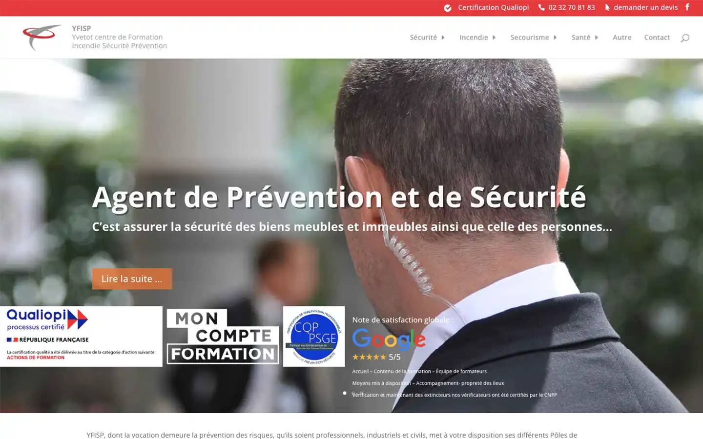Page d'accueil du site de YFISP, centre de formation incendie et sécurité à Yvetot, Seine-Maritime